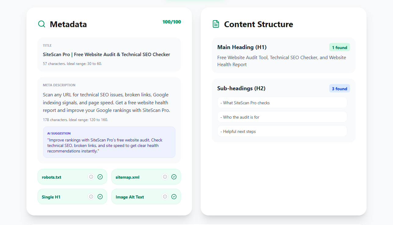 SiteScan Pro SEO report showing metadata, headings, and on-page structure checks.