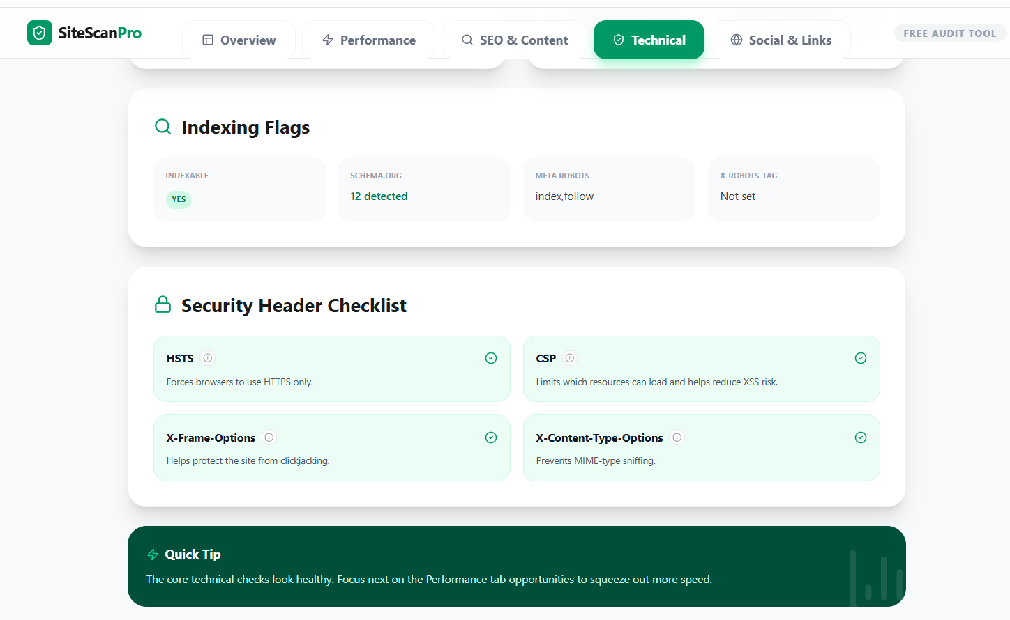 SiteScan Pro technical report showing health, security, platform, and site setup checks.